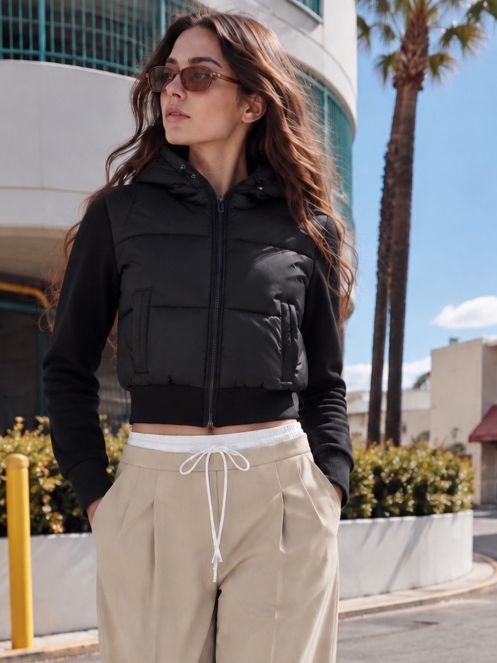Zara NWT Black Cropped Hooded Puffer Jacket Full Zip
